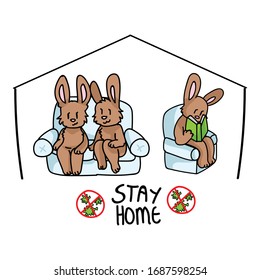 Corona virus kids cartoon stay home cute bunnies on couch reading infographic. Educational graphic self isolate family. Friendly social icon for children, picture of virus. Vector safety awareness. 