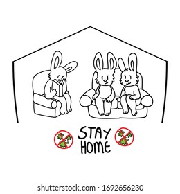Corona virus kids cartoon stay home cute bunnies on couch reading infographic. Educational graphic family. Monochrome lineart social icon for children, picture of virus. Vector safety awareness. 