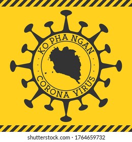 Corona-Virus in Ko Pha Ngan Schild. Rundzeichen mit Form des Virus und Ko Pha Ngan Karte. Die Epidemie der gelben Insel verriegelt meine Briefmarke. Vektorgrafik.