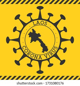 Corona virus in Laos sign. Round badge with shape of virus and Laos map. Yellow country epidemy lock down stamp. Vector illustration.