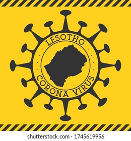 Corona virus in Lesotho sign. Round badge with shape of virus and Lesotho map. Yellow country epidemy lock down stamp. Vector illustration.