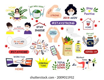 Corona Virus letterings and other elements. Unique vector design elements. Covid19 quotes and concepts. Vector illustration EPS10