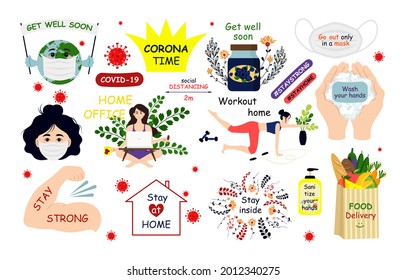 Corona Virus letterings and other elements. Unique vector design elements. Covid19 quotes and concepts. Vector illustration EPS10