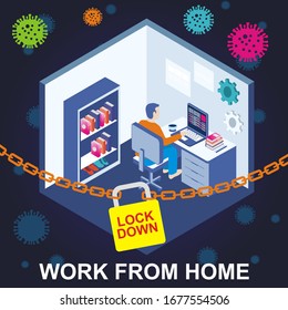 Corona-Virus. Abschaltung, Büroangestellte arbeiten zu Hause mit Computern, Arbeiter arbeiten von zu Hause aus, weil die schädlichen Auswirkungen des Corona-Virus, Vektorillustration-Illustration der Menschen, die arbeiten