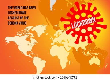 Corona virus lockdown symbol with red disease cells like a stamp. World map in background. Vector illustration of Covid19 pandemic virus from Wuhan China