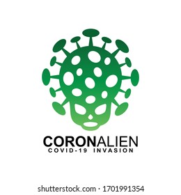 Corona virus logo with a green alien face. illustration Covid-19 invasion to the world