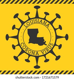 Corona virus in Louisiana sign. Round badge with shape of virus and Louisiana map. Yellow US state epidemy lock down stamp. Vector illustration.