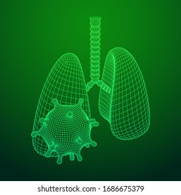 Corona Virus and Lungs with trachea bronchi internal organ human. Covid virus pulmonology medicine science concept. Wireframe low poly mesh vector illustration.