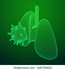 Corona Virus and Lungs with trachea bronchi internal organ human. Covid virus pulmonology medicine science concept. Wireframe low poly mesh vector illustration.