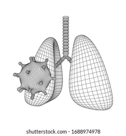 Corona Virus and Lungs with trachea bronchi internal organ human. Covid virus pulmonology medicine science concept. Wireframe low poly mesh vector illustration.