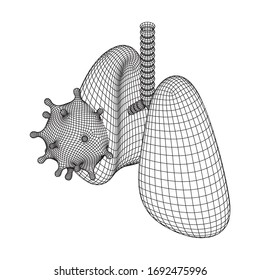 Corona Virus and Lungs with trachea bronchi internal organ human. Covid virus pulmonology medicine science concept. Wireframe low poly mesh vector illustration.