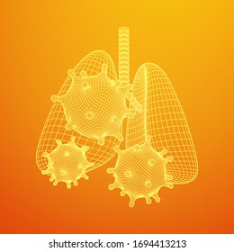 Corona Virus and Lungs with trachea bronchi internal organ human. Covid virus pulmonology medicine science concept. Wireframe low poly mesh vector illustration.