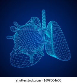 Corona Virus and Lungs with trachea bronchi internal organ human. Covid virus pulmonology medicine science concept. Wireframe low poly mesh vector illustration.
