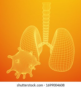 Corona Virus and Lungs with trachea bronchi internal organ human. Covid virus pulmonology medicine science concept. Wireframe low poly mesh vector illustration.