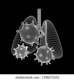 Corona Virus and Lungs with trachea bronchi internal organ human. Covid virus pulmonology medicine science concept. Wireframe low poly mesh vector illustration.