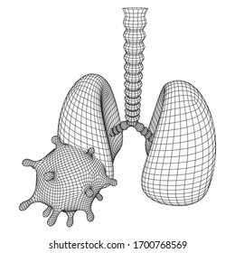 Virus de Corona y pulmones con traquea bronchi interno humano. Concepto científico de la medicina pulmonar del virus Covid. Ilustración vectorial de malla baja del bastidor de alambres.