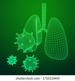 Corona Virus and Lungs with trachea bronchi internal organ human. Covid virus pulmonology medicine science concept. Wireframe low poly mesh vector illustration.