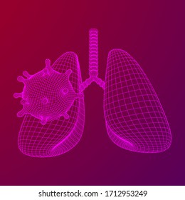 Corona Virus and Lungs with trachea bronchi internal organ human. Covid virus pulmonology medicine science concept. Wireframe low poly mesh vector illustration.