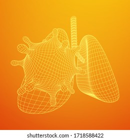 Corona Virus and Lungs with trachea bronchi internal organ human. Covid virus pulmonology medicine science concept. Wireframe low poly mesh vector illustration.