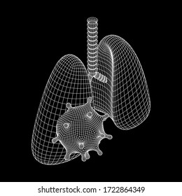 Corona Virus and Lungs with trachea bronchi internal organ human. Covid virus pulmonology medicine science concept. Wireframe low poly mesh vector illustration.