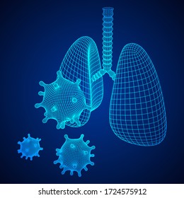 Corona Virus and Lungs with trachea bronchi internal organ human. Covid virus pulmonology medicine science concept. Wireframe low poly mesh vector illustration.