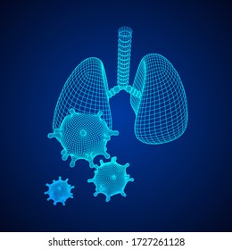 Corona Virus and Lungs with trachea bronchi internal organ human. Covid virus pulmonology medicine science concept. Wireframe low poly mesh vector illustration.