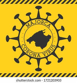 Corona virus in Majorca sign. Round badge with shape of virus and Majorca map. Yellow island epidemy lockdown stamp. Vector illustration.