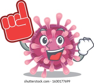 Corona virus mascot cartoon style holding a Foam finger