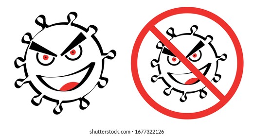 Corona virus with mean, creepy face, black and red cartoon, corona prohibited sign, illustration