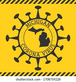 Corona virus in Michigan sign. Round badge with shape of virus and Michigan map. Yellow US state epidemic lockdown stamp. Vector illustration.