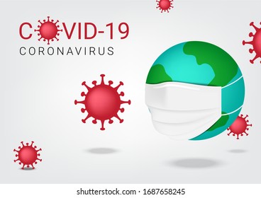 Corona Virus Molecule or Covid-19 With Surgical Mask Global and Graphic Earth on isolated white background vector Illustration. Health Care, Medical and Science Concept Design.