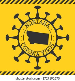 Virus Corona en el cartel de Montana. Banda redonda con forma de virus y mapa de Montana. La epidemia del estado de los Estados Unidos amarilla cierra el sello. Ilustración vectorial.