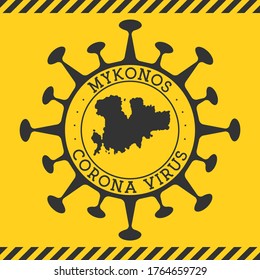 Corona virus in Mykonos sign. Round badge with shape of virus and Mykonos map. Yellow island epidemic lockdown stamp. Vector illustration.