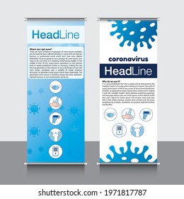 Corona virus, nCoV, stand roll-up banner design, roll-up banner for posting information, illustration of deadly virus, corona virus infection, Covid 19 Virus concept. vector