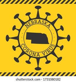Corona virus in Nebraska sign. Round badge with shape of virus and Nebraska map. Yellow US state epidemy lockdown stamp. Vector illustration.