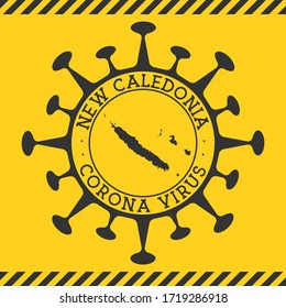 Corona virus in New Caledonia sign. Round badge with shape of virus and New Caledonia map. Yellow country epidemic lockdown stamp. Vector illustration.