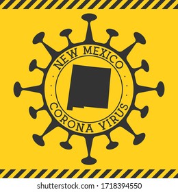 Corona Virus In New Mexico Sign. Round Badge With Shape Of Virus And New Mexico Map. Yellow Us State Epidemy Lock Down Stamp. Vector Illustration.