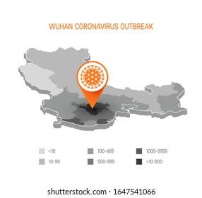 Corona virus outbreak concept. Spreading of Wuhan 2019-nCoV. Vector map of China in flat style for medical designs, infographics.