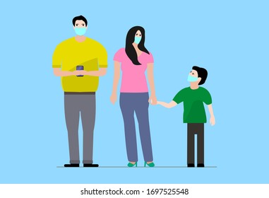 Corona virus outbreak family wearing protective Medical mask for prevent virus Covid-19. Dad Mom Son wearing a surgical mask. Safety vector illustration blue background stay safe