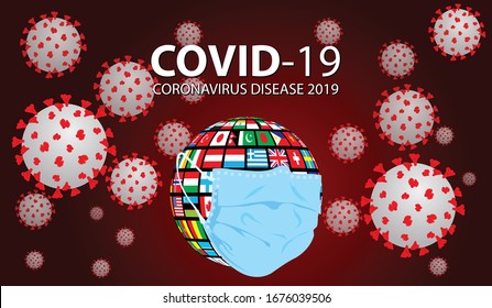 Corona virus outbreak and corona viruses influenza as dangerous flu strain cases as a pandemic. Flags with medical face mask. COVID-19 novel corona virus concept. Corona virus in China, Italy, Canada.