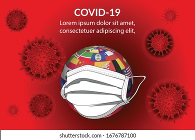 Corona virus outbreak and corona viruses influenza as dangerous flu strain cases as a pandemic. Flags with medical face mask. COVID-19 novel corona virus concept. Corona virus in China, Italy, Canada.