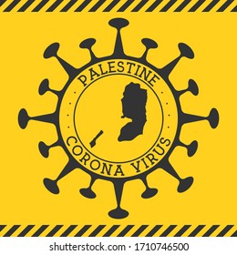 Corona virus in Palestine sign. Round badge with shape of virus and Palestine map. Yellow country epidemy lockdown stamp. Vector illustration.