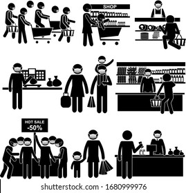 Corona Virus Pandemic Concept. Real Life Episode. Panic in Supermarkets. Stick Figure Vector Illustration