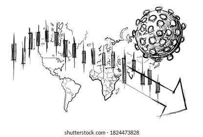 Corona virus pandemic impact economic global depression hand drawn sketches white isolated background