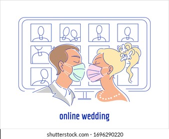 Corona virus pandemic wedding illustration. Kissing couple in protective medical face masks, display with online guests on the background. Self isolation, live stream marriage ceremony concept. 