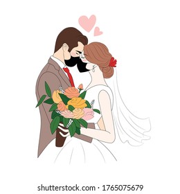 Corona Virus Pandemic Wedding Illustration, Two Couple Kissing With Mask 