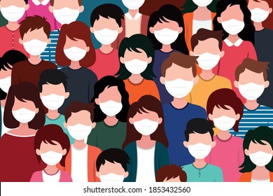 Corona virus pandemic.People wearing white medical face mask. Concept of coronavirus quarantine vector illustration.Seamless pattern.