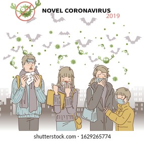 Corona virus and people wearing protective face masks. Bad feeling people with colds the spread of patients. novel coronavirus 2019 or 2019-nCoV. Vector illustration of an outbreak of Wuhan concept.