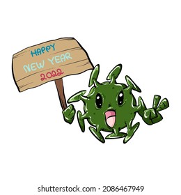 Corona Virus. Postcard for 2022 with the inscription happy Christmask. Covid cartoon characters in 2022. Coronavirus Vector Character. Hand drawn. Vector illustration.