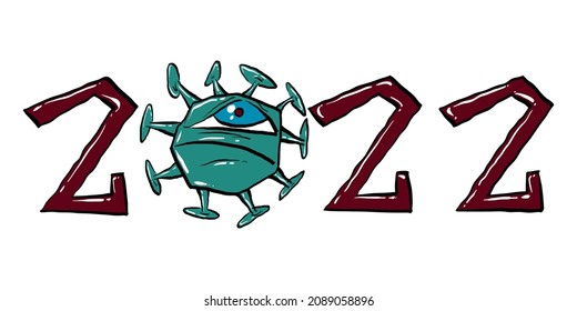 Corona Virus. Postcard for 2022 with the inscription happy Christmask. New year with coronavirus-19. Covid cartoon characters in 2022. Stop Coronavirus Concepts. Hand drawn. Vector illustration.